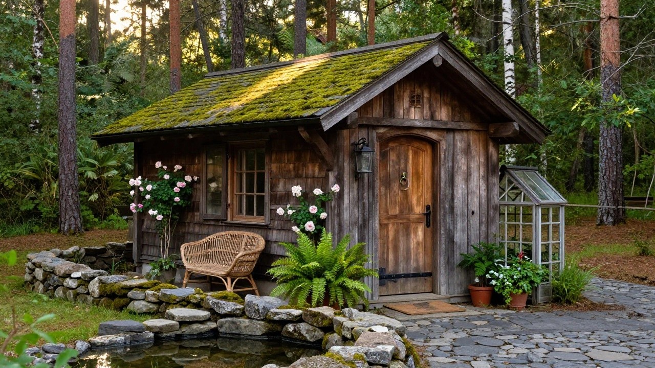 Small wooden cabin with gray shingled siding and moss-covered roof in a forest setting, featuring an arched wooden door with lantern, wicker chair on porch, climbing white roses, potted fern, and nearby stone path to a pond.