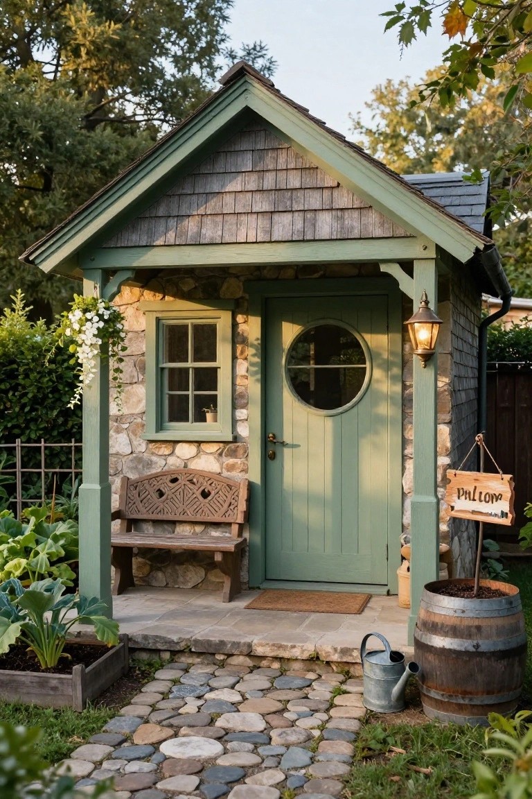 Small green garden shed with shingled roof and stone base, featuring a covered porch with carved wooden bench, round window door, hanging lantern, sign, plants, watering can, barrel planter, and pebble path.