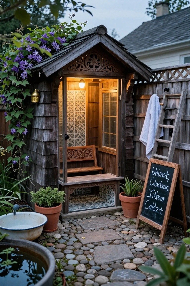 Small dark-shingled wooden cabin covered in purple climbing vines, with ornate carved details, an open door showing warm interior lighting and tiled walls, a wooden bench outside, potted plants, pebbled path, metal tub fountain, and freestanding signboard in a backyard garden.
