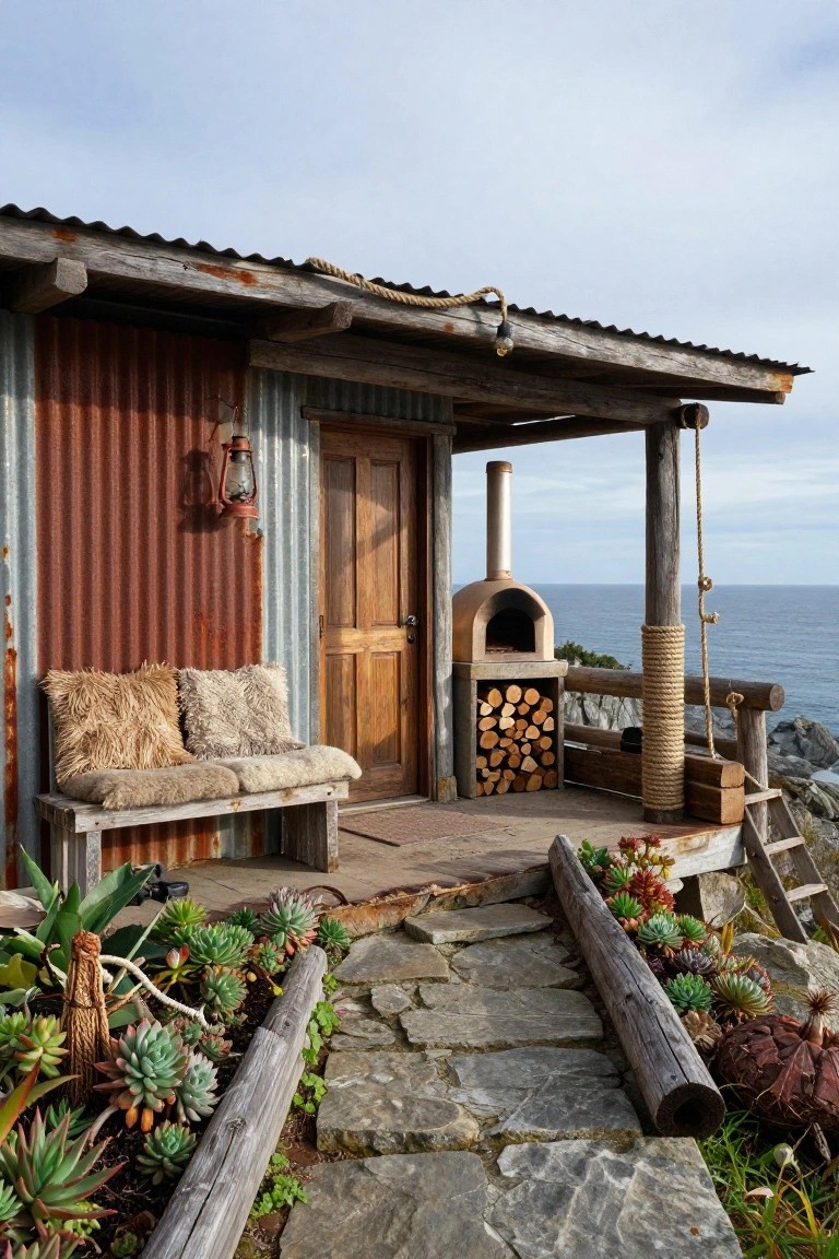 Rustic cabin exterior with corrugated metal walls, wooden door and porch, sheepskin-covered bench, wood-fired oven with firewood stack, stone path lined with succulents, overlooking ocean on rocky cliffside.