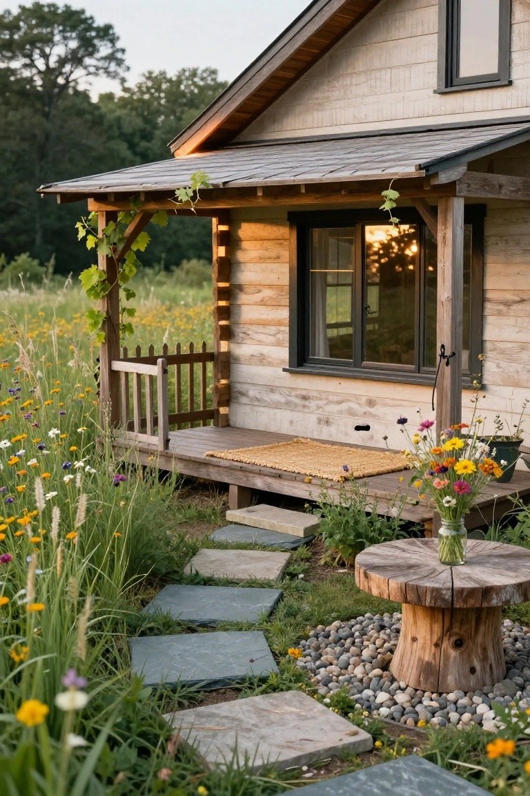 Wooden cabin exterior featuring a covered front porch with vine-draped beams, a small picket gate, stone slab path through surrounding wildflowers and grasses, flower vases on the deck, and a tree stump table with a vase beside the steps.