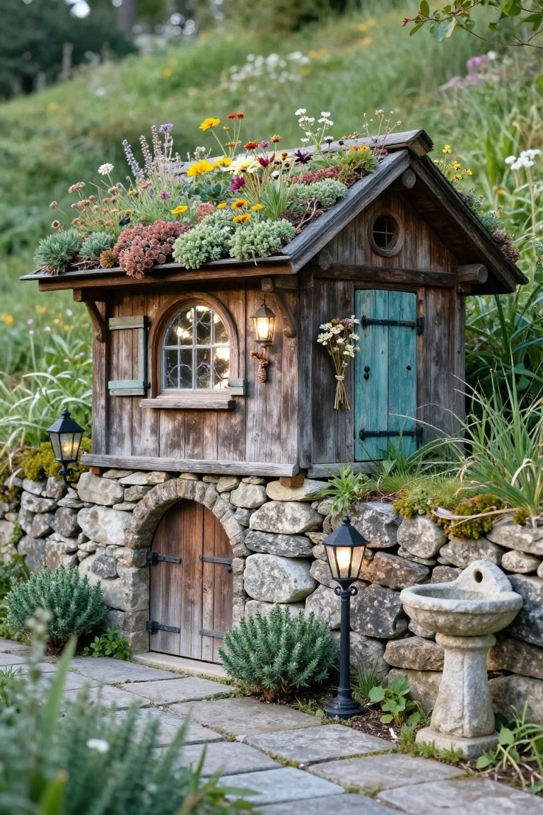 Small wooden cabin with sloped roof covered in succulents and flowering plants, arched wooden door on stone base, turquoise shutters on window, lanterns, and surrounding garden plants on a paved path.
