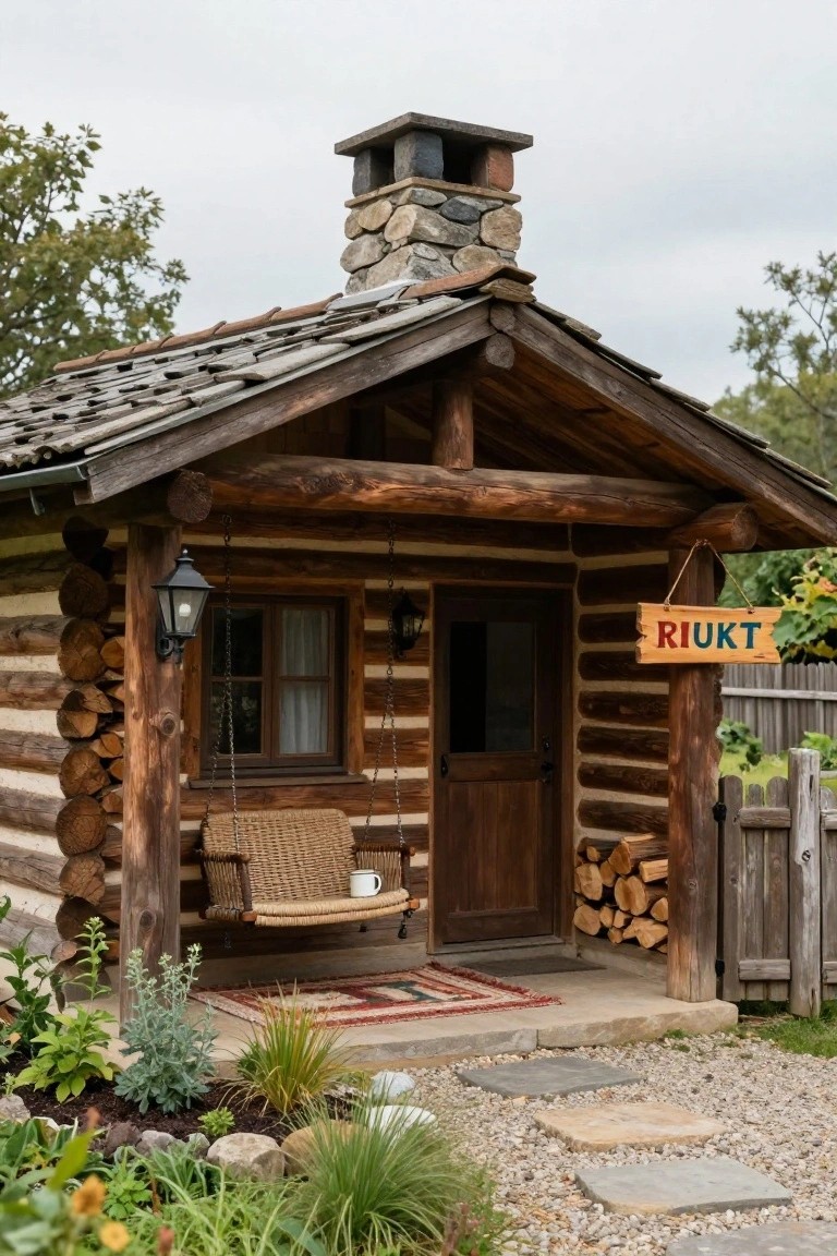 Small log cabin with dark wood logs, sloped roof, stone chimney, covered front porch with wicker swing, lantern lights, wood stack, front door, sign reading RIUKT, stone path, and plants in gravel yard.