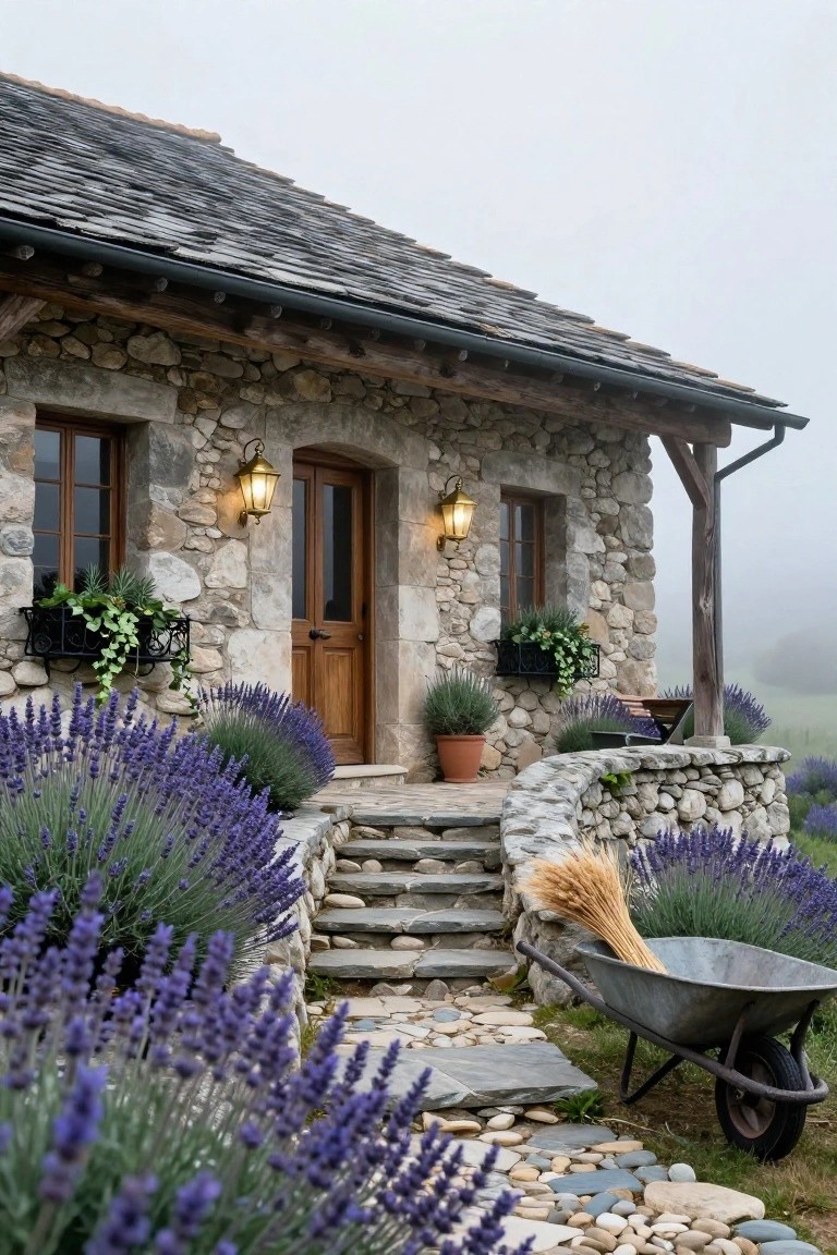 Stone cabin exterior with slate tile roof, natural stone walls, wooden double doors lit by lanterns, lavender plants bordering stone steps and a wheelbarrow, set in a misty landscape.
