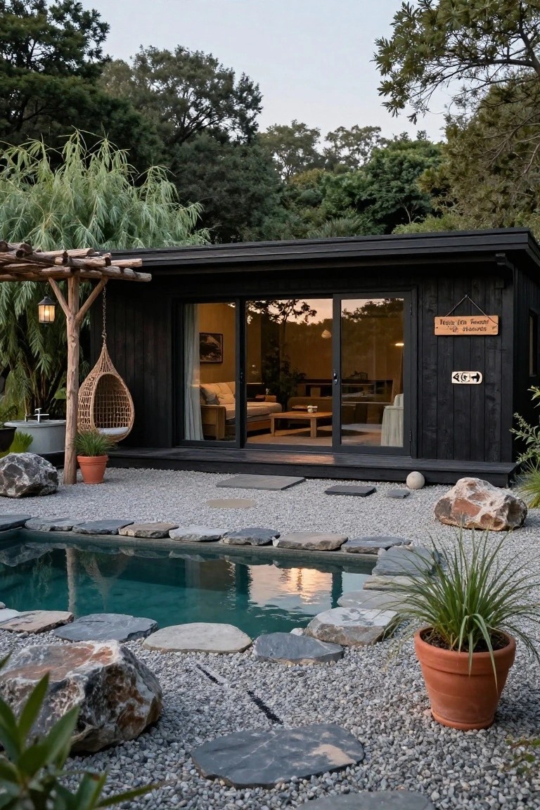 Black cabin with glass doors beside a small turquoise pool and gravel patio.