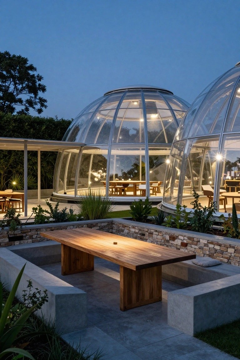Two illuminated transparent dome structures containing wooden dining tables and chairs, connected to a covered walkway and adjacent to a sunken wooden table in a stone-walled seating area surrounded by plants and paving at dusk.