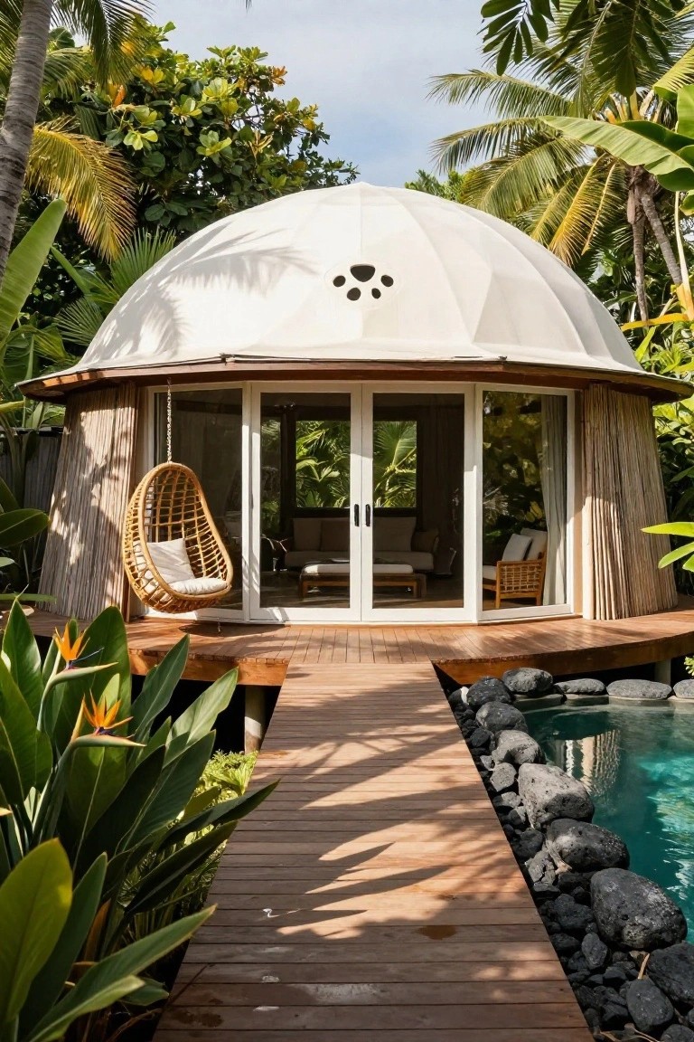 White fabric-covered dome house with bamboo lower walls on a wooden deck, featuring a hanging rattan egg chair, tropical plants, bird of paradise flowers, and a boardwalk path to a small rock-edged pool.
