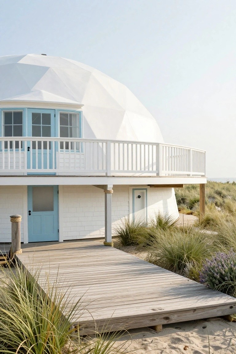 White geodesic dome house elevated on wooden pilings with shingled siding, blue doors, a balcony railing, and a wooden boardwalk path through sand dunes.