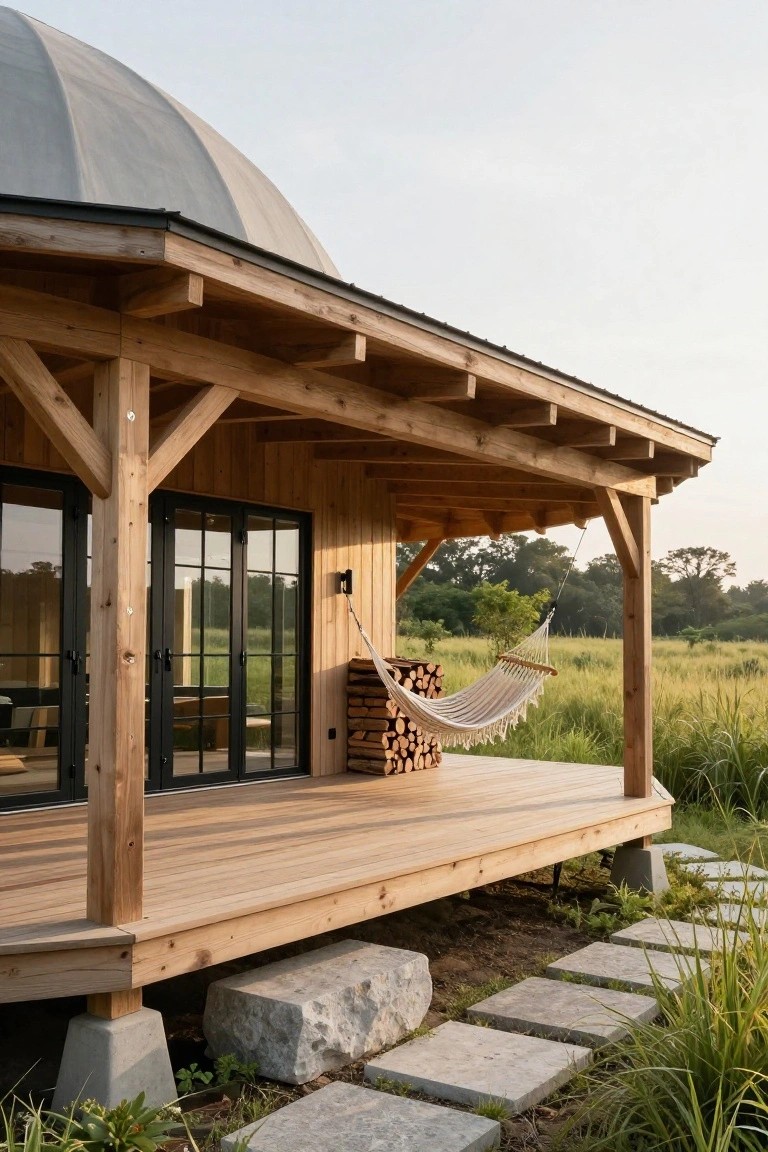 Side view of a wooden dome house with an exposed timber porch, hammock, stacked firewood, glass doors, wooden deck on piers, stone steps, and tall grass nearby.