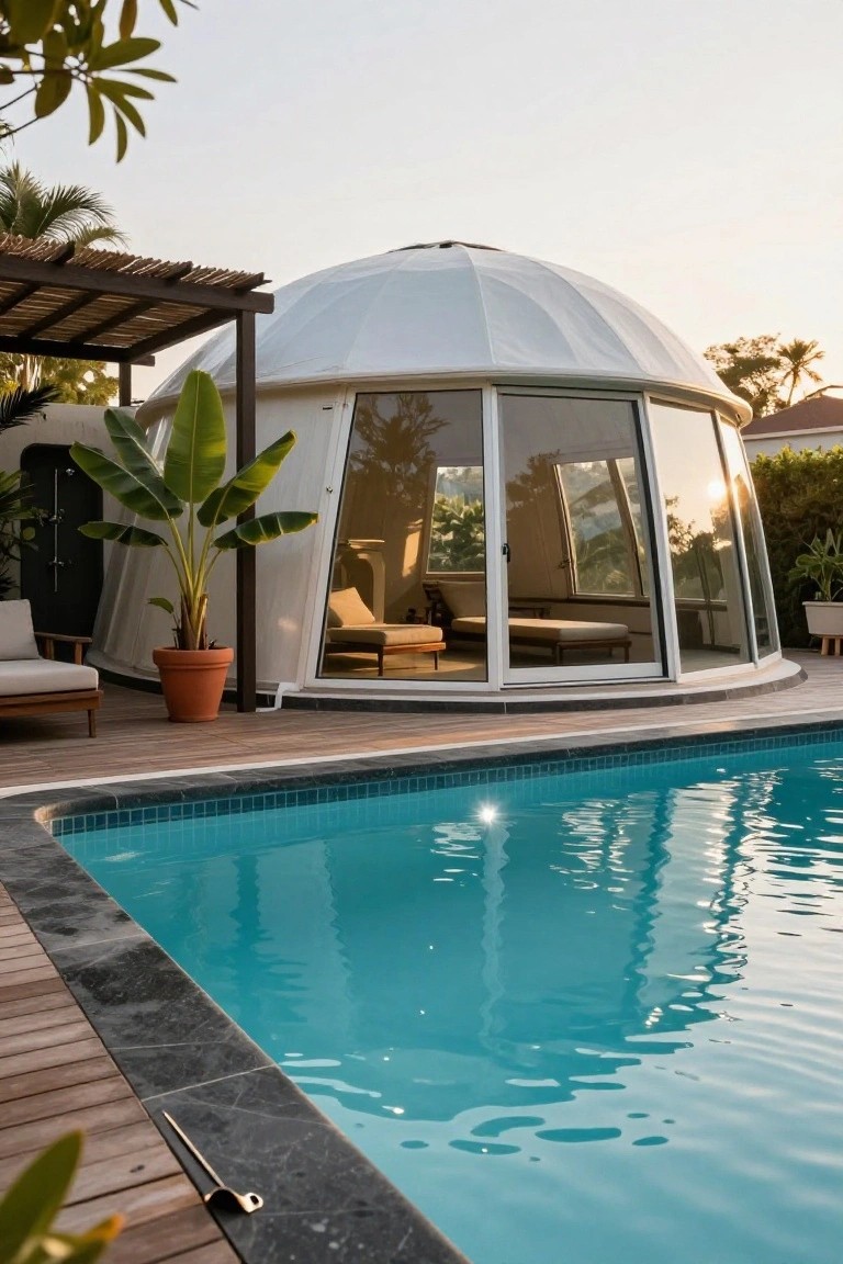 White geodesic dome house with large curved glass walls and doors on a wooden deck next to a turquoise pool, surrounded by tropical plants and palms at sunset.