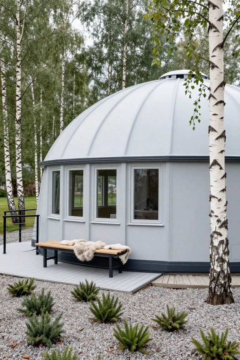 Gray metal dome house with curved roof, three large windows, wooden deck with bench and sheepskin throw, surrounded by birch trees and gravel area with ferns.