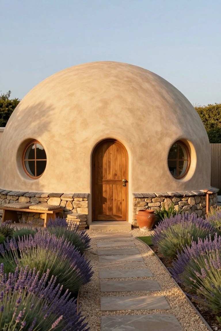 Beige earth-plastered dome-shaped house with wooden arched door, round windows, stone foundation, wooden bench, lavender plants, and stone path in front.