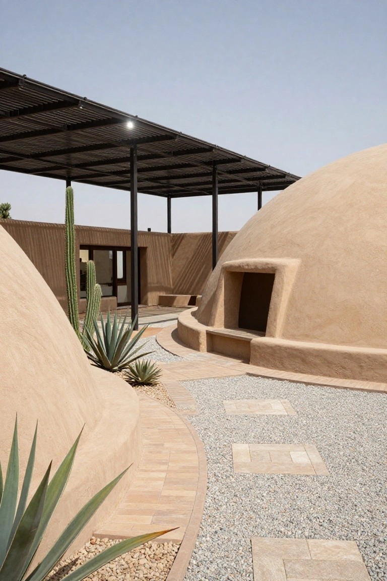Exterior of smooth beige dome-shaped structures with curved walls and doorways, a black metal pergola providing shade, gravel pathways with stone pavers, and desert plants including cacti and agave in a dry landscape.