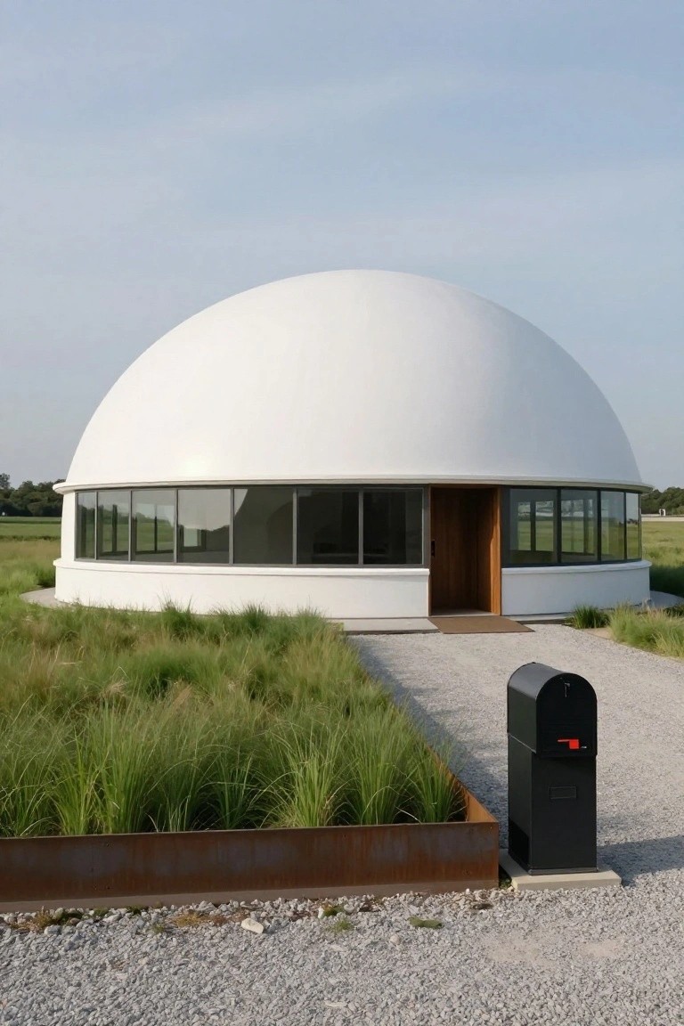 White dome-shaped house with large curved wraparound windows, wooden entry door, gravel path, tall grasses in metal-edged bed, and black mailbox on gravel ground.