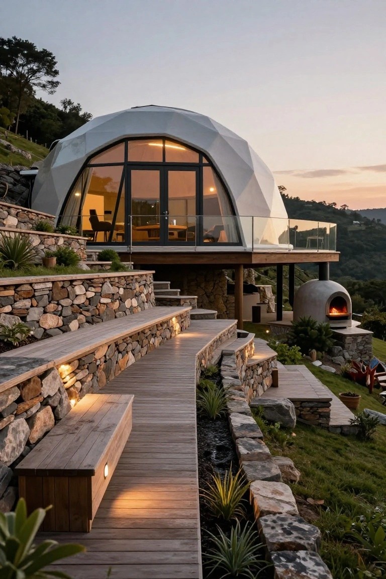 White geodesic dome house built into a terraced hillside with dry-stacked stone walls, wooden walkways and benches, steps, plants, a wood-fired oven, and deck at dusk.