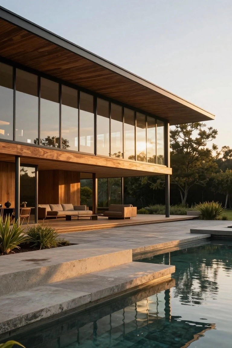 Modern house exterior featuring warm wood cladding, large floor-to-ceiling glass windows, a cantilevered wooden roof extending over a wooden deck with outdoor seating, adjacent to a rectangular pool with stone edging, surrounded by native plants and trees at sunset.