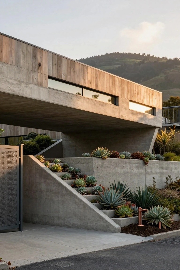 Modern house exterior with cantilevered wood-clad upper level over concrete-supported stairs lined with succulents, a metal gate at the base, and hillside backdrop at dusk.