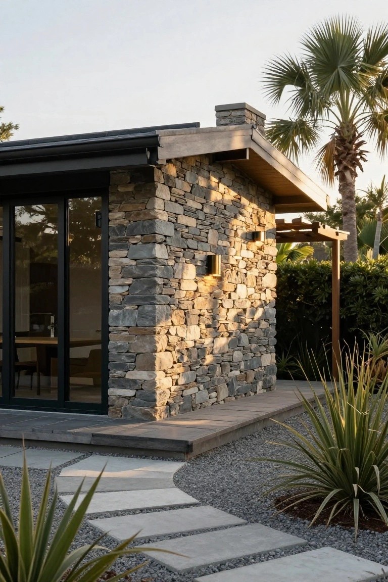Exterior view of a small modern pavilion with gray stacked stone walls, black metal-framed glass sliding doors, wooden roof overhang and deck, gravel ground cover, curved concrete path, agave plants, and palm trees in the background.