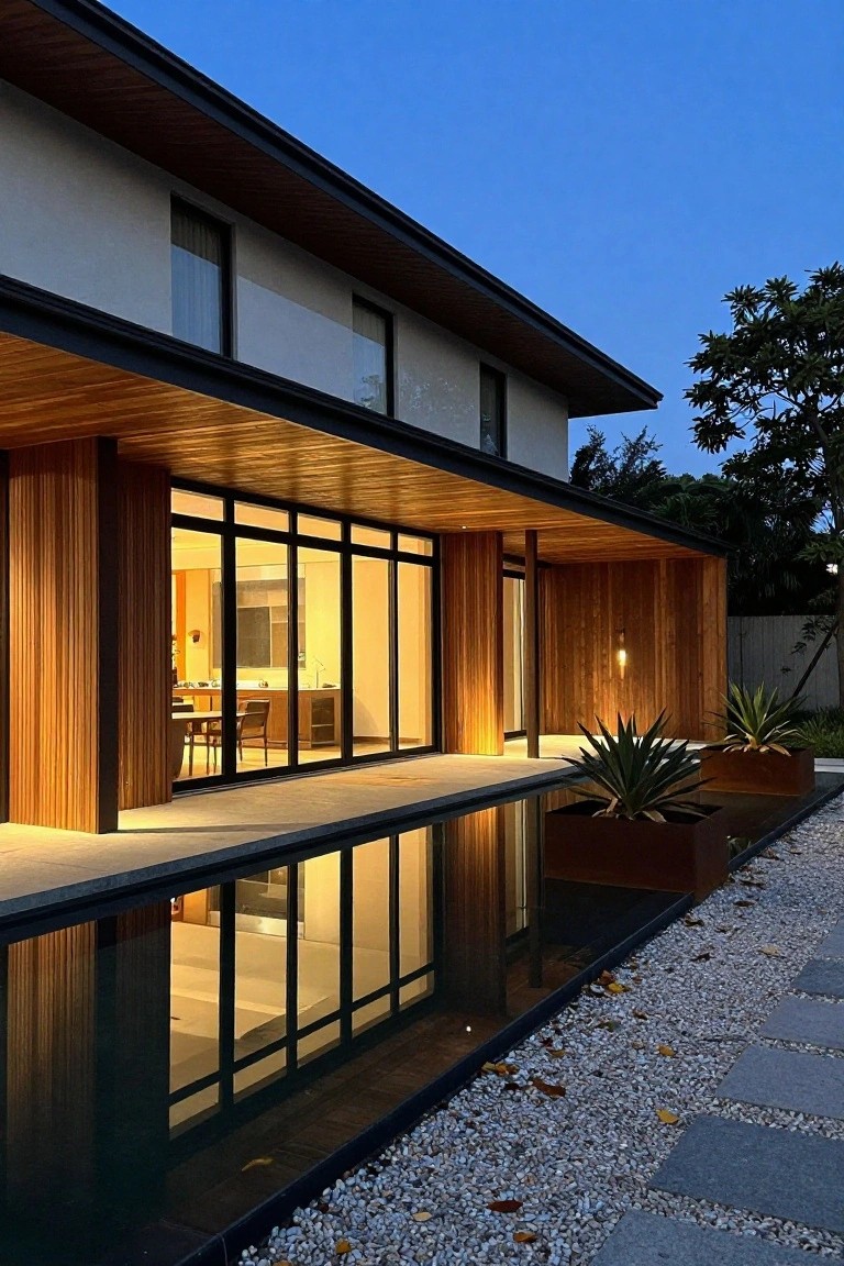 Evening photo of a modern house exterior with vertical wooden cladding on pillars and walls, large multi-panel glass doors, a cantilevered wooden roof overhang, terrace with reflecting pool, metal planters holding agave plants, gravel ground cover, and stone pavers.
