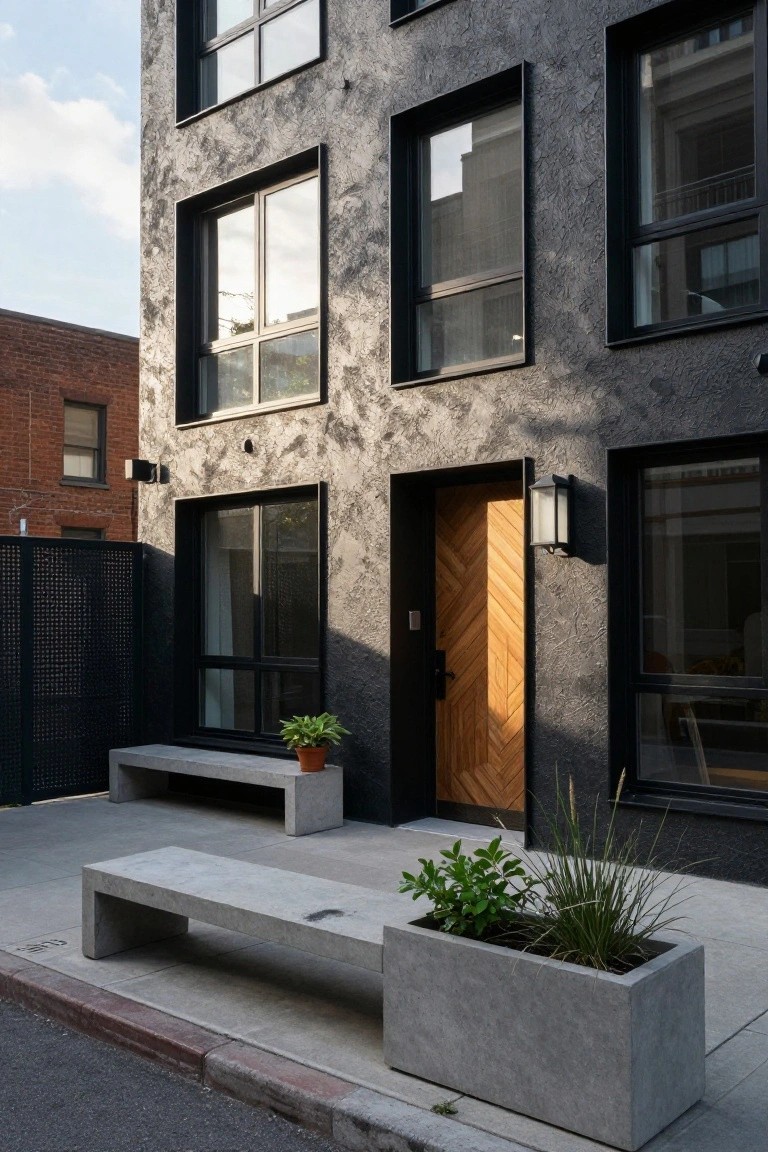 Multi-story modern house exterior with dark textured stucco walls, black-framed windows, vertical chevron-patterned wooden entry door, concrete bench, potted plants, and metal fence on a concrete sidewalk.