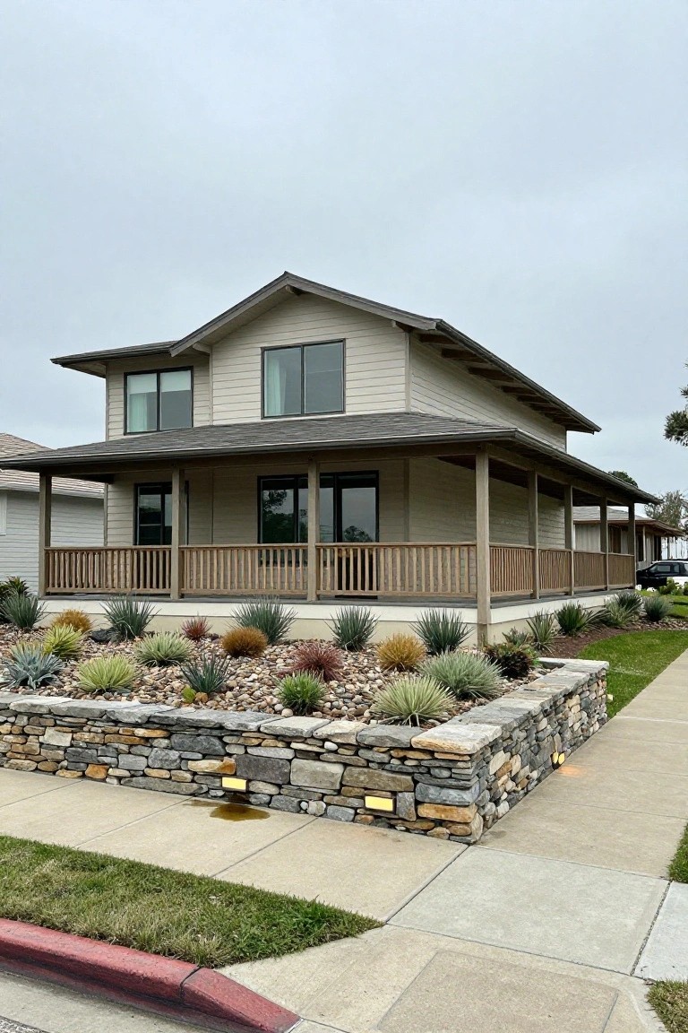Beige horizontal wood-sided house with gabled dark roof, covered corner porch featuring wood posts and railing, large windows, and a stone retaining wall planted with agave succulents and gravel along a concrete sidewalk.