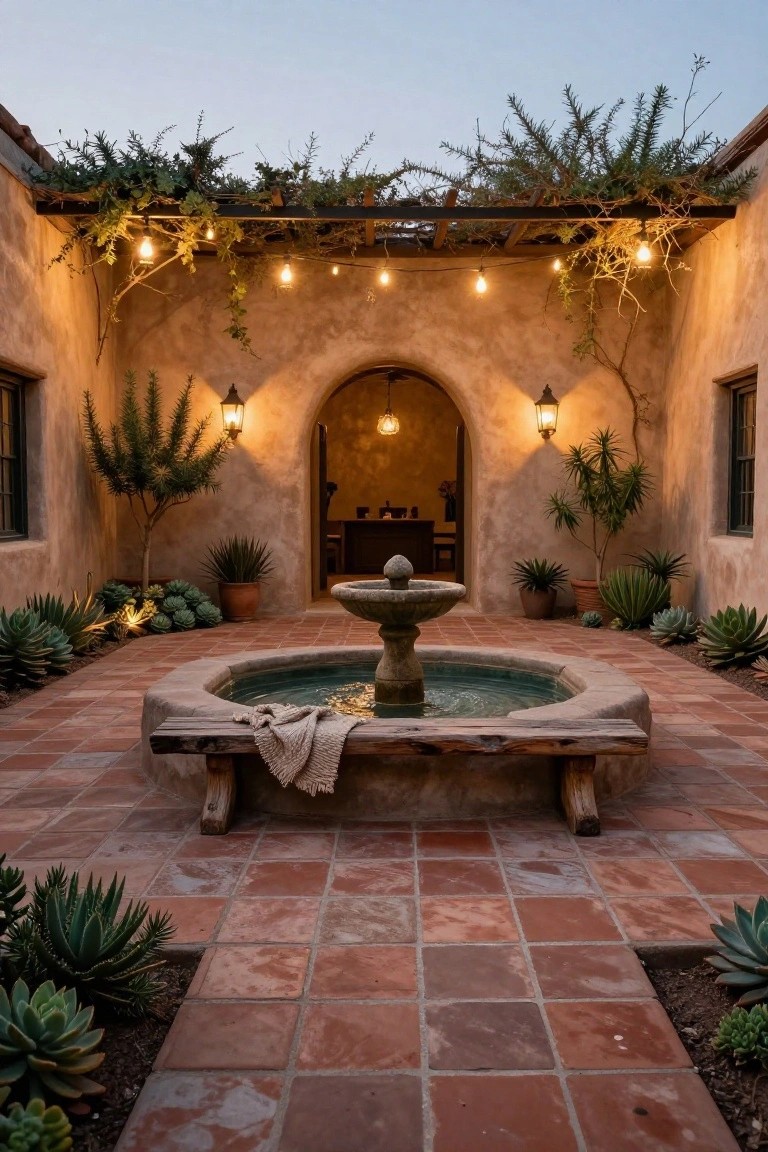 Adobe-walled courtyard with central circular stone fountain filled with water, wooden bench with folded blanket nearby, succulents and agave plants in pots and beds, vine-covered pergola strung with lights overhead, and arched entry with wall lanterns.