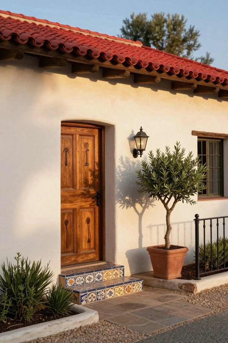 White stucco hacienda-style house facade with red tile roof, arched wooden front door featuring panel details and knockers, wall lantern, potted olive tree, agave plants, and blue-and-yellow tiled steps.