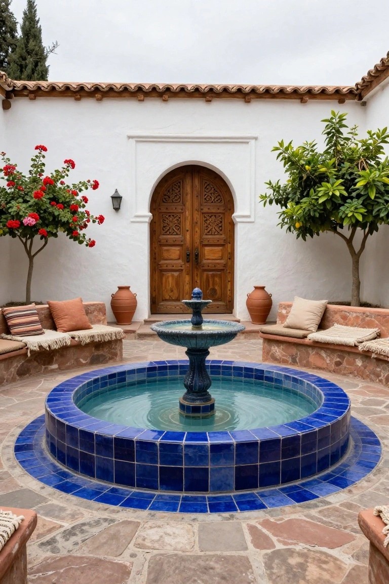 Hacienda-style courtyard with central blue-tiled fountain surrounded by built-in benches on stone bases, potted trees, geraniums, terracotta jars, and arched wooden door in white wall.