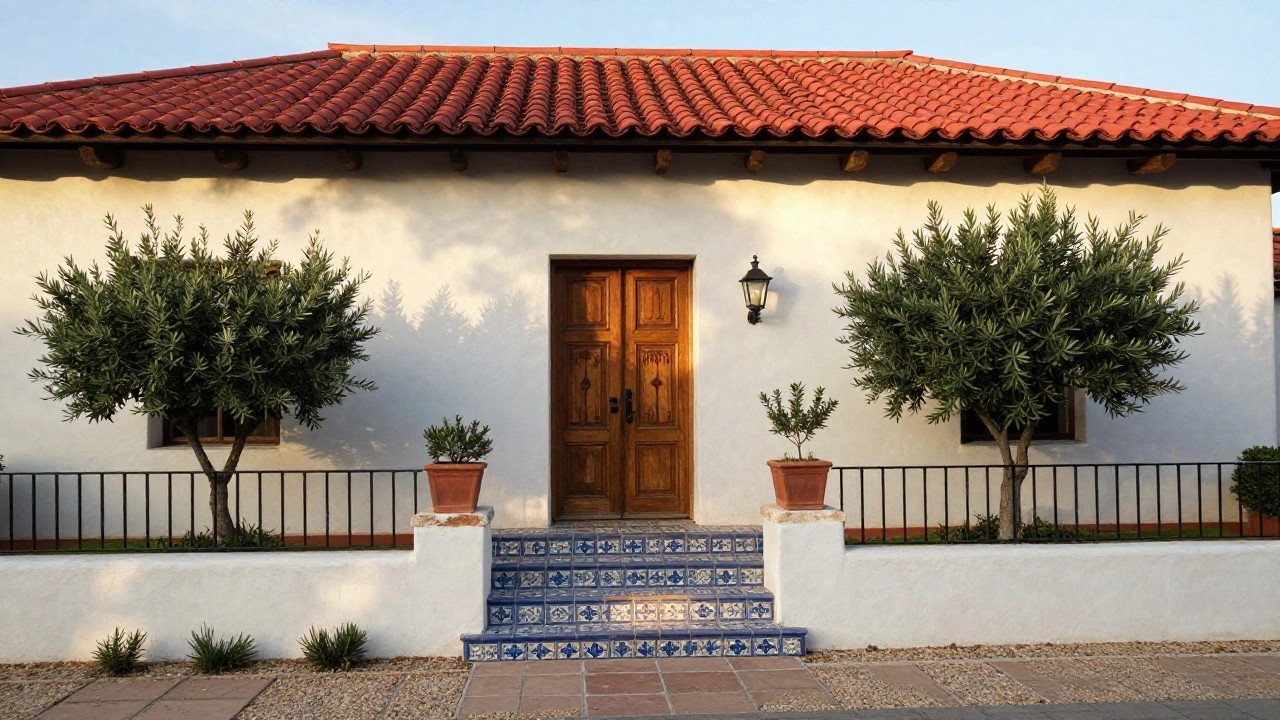 White stucco hacienda-style house facade with red tile roof, arched wooden front door featuring panel details and knockers, wall lantern, potted olive tree, agave plants, and blue-and-yellow tiled steps.