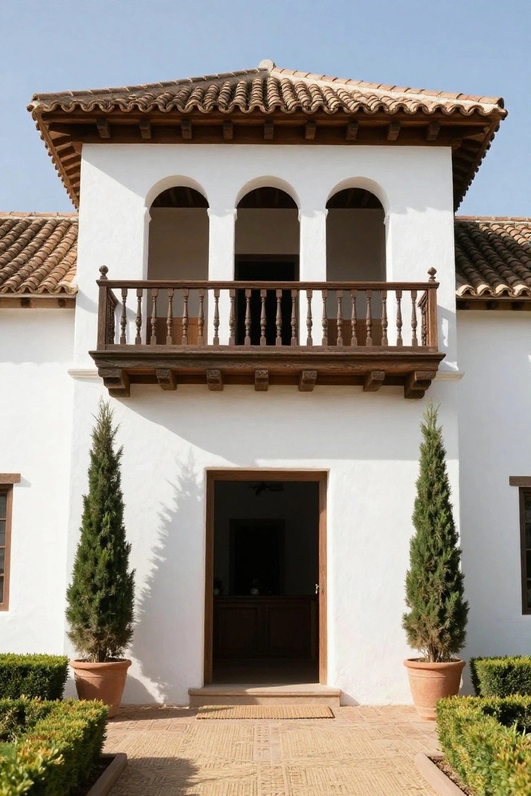 White stucco hacienda-style house facade with terracotta tile roof, wooden balcony featuring arched openings above a centered wood front door, flanked by two tall potted cypress trees and boxwood hedges on a terracotta tile pathway with a woven mat.