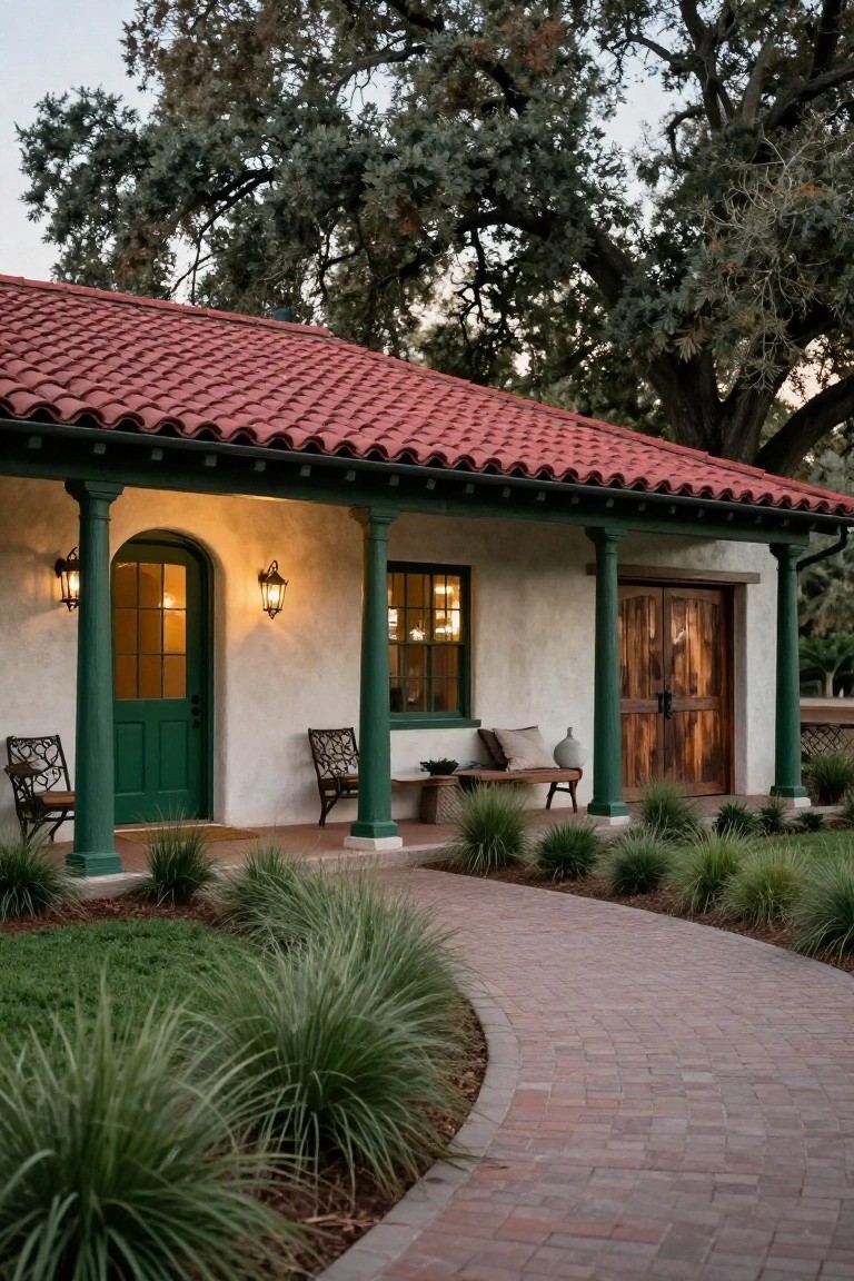 White stucco hacienda-style house exterior with red tile roof, green-painted columns supporting a covered porch, arched green front door with glass panels, wooden double garage doors, two wrought-iron chairs with cushions on the porch, potted plants and grasses, and a curving brick pathway under large oak trees at dusk.