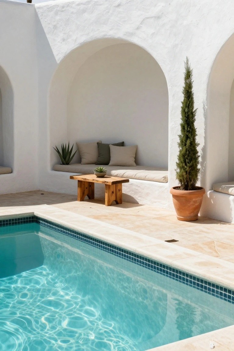 White stucco arched alcove with built-in beige cushioned benches, wooden coffee table holding a succulent, agave plant on bench, potted Italian cypress tree, and turquoise mosaic-tiled pool edge on beige tile patio.