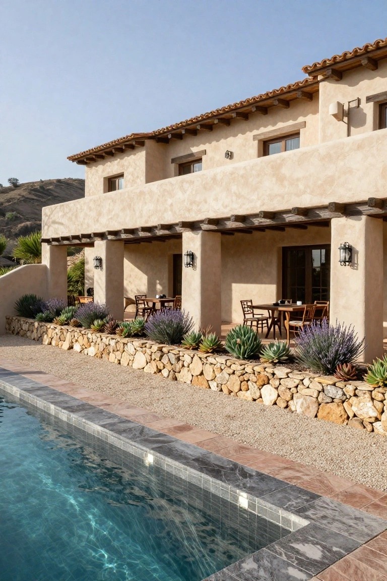 Beige stucco hacienda house with terracotta roof and covered porch featuring dining tables and chairs, adjacent to a rectangular pool with dark tile edging, bordered by dry-stacked stone wall with succulents and lavender plants, gravel path, and desert hillside backdrop.