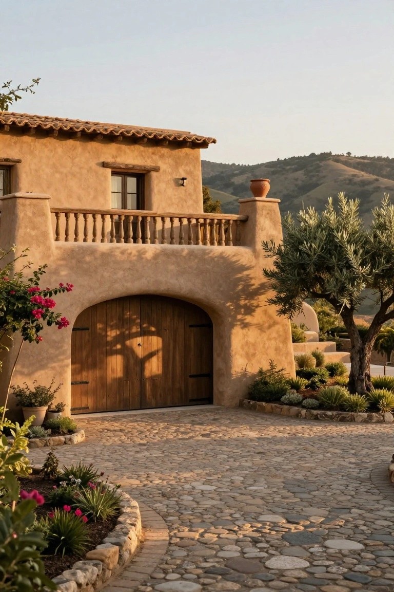 Beige stucco hacienda-style house exterior with large arched wooden garage door, wooden balcony above, terracotta tile roof, olive tree nearby, plants, pebble driveway, and hillside background at dusk.