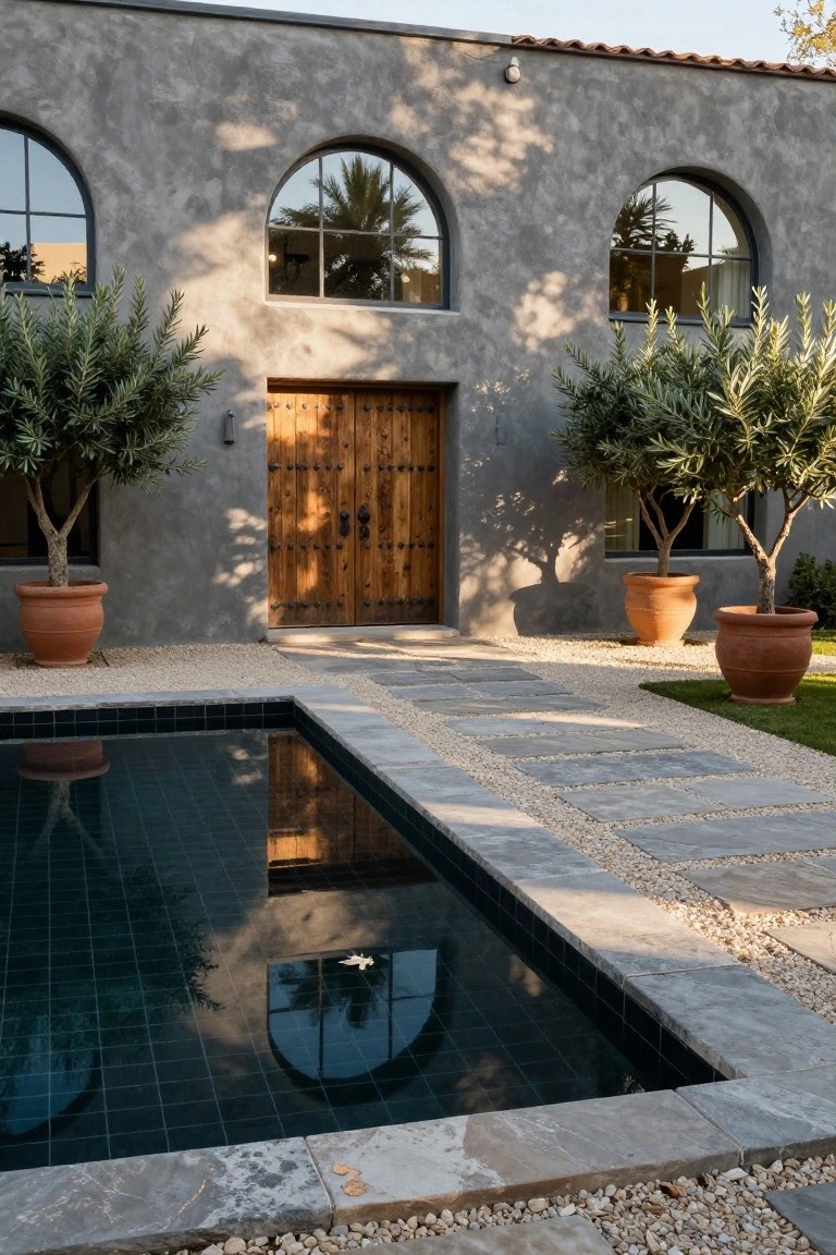 Gray stucco hacienda-style house facade with arched windows, wooden double entry door, olive trees in terracotta pots, gravel ground, stone path to dark-tiled pool.