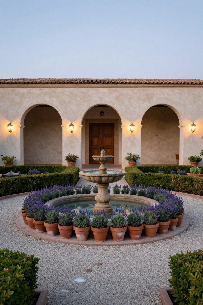 Beige stucco hacienda-style building with tiled roof, three arches framing a wooden entry door lit by lanterns, central stone fountain in gravel courtyard ringed by terracotta pots of lavender plants and boxwood hedges.