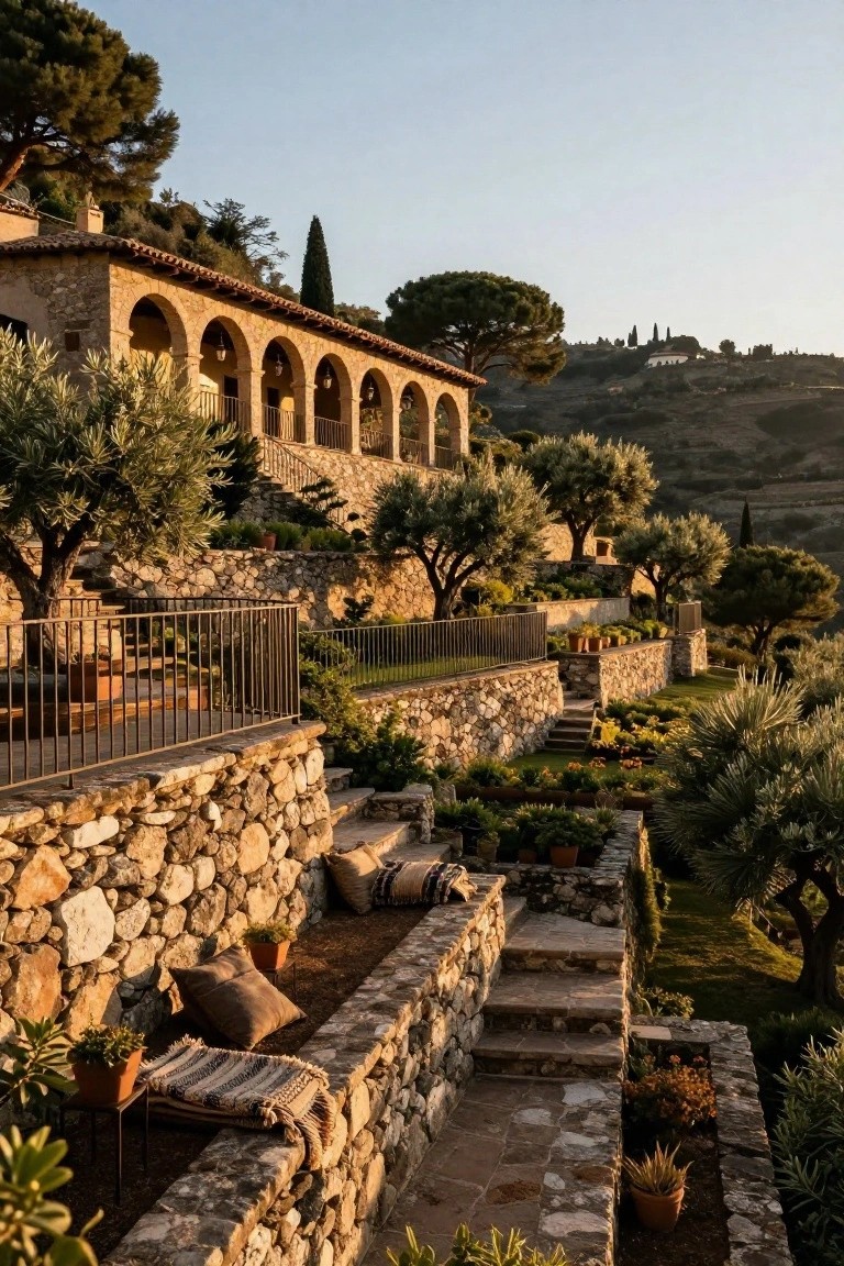 Terraced hacienda-style stone house with arched loggia, olive trees, cushions on walls, and gardens on a hillside at sunset.