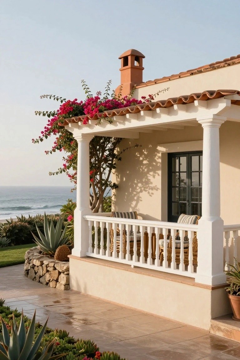 Side exterior of a hacienda-style house with beige stucco walls, terracotta tile roof, white columns supporting a covered porch balcony with balustrade, bougainvillea vines, potted plants, stone landscaping, and ocean view in background.