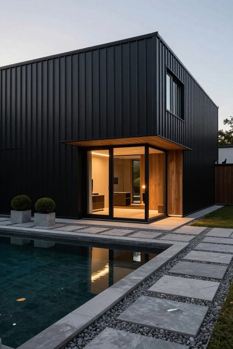 Corner view of a modern black corrugated metal home with a glass-and-wood entry extension, adjacent to a rectangular pool edged in concrete and stone pavers, with boxwood plants in concrete pots nearby.