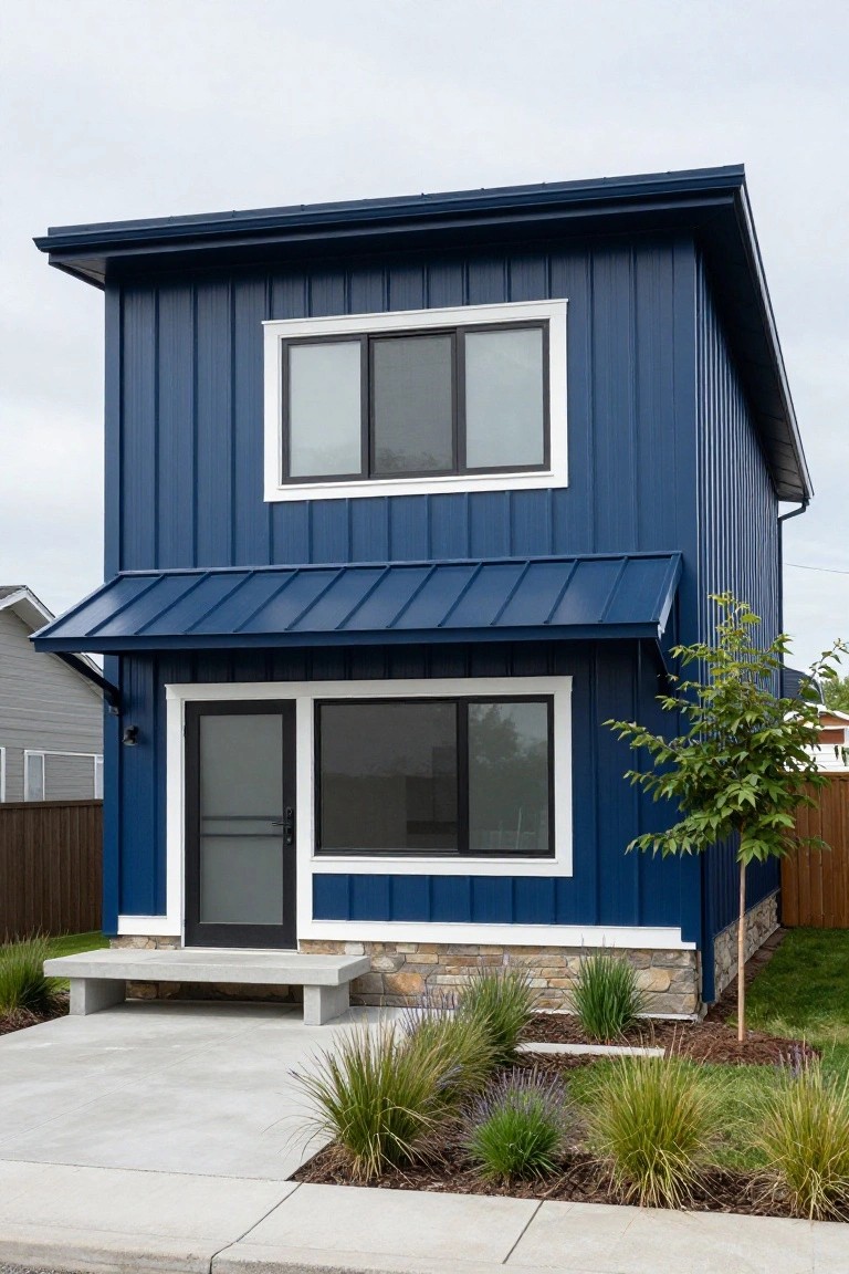 A compact two-story house with navy blue metal siding and roof, white-framed windows, a covered entry door, stone base, and simple grass and shrub landscaping on a concrete pad.
