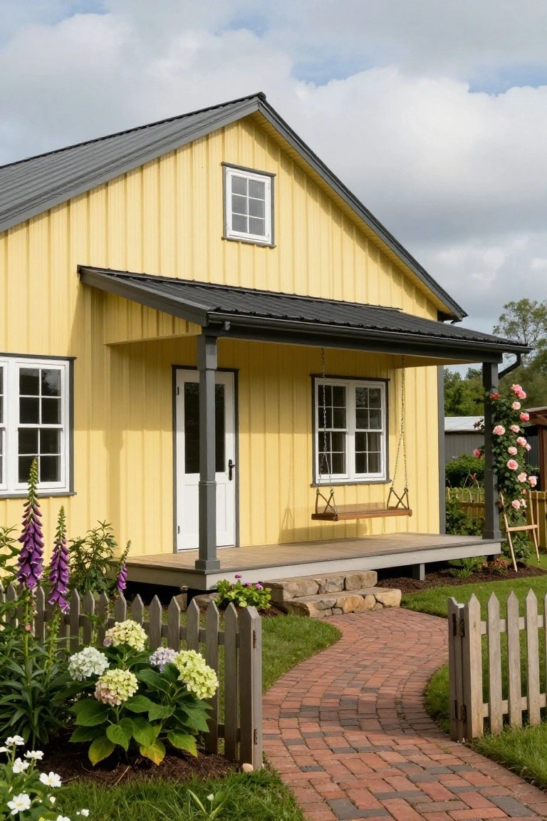Yellow board-and-batten house with dark metal gable roof, covered porch with swing, white-framed windows and door, picket fence, flowers, and brick path in a garden setting.