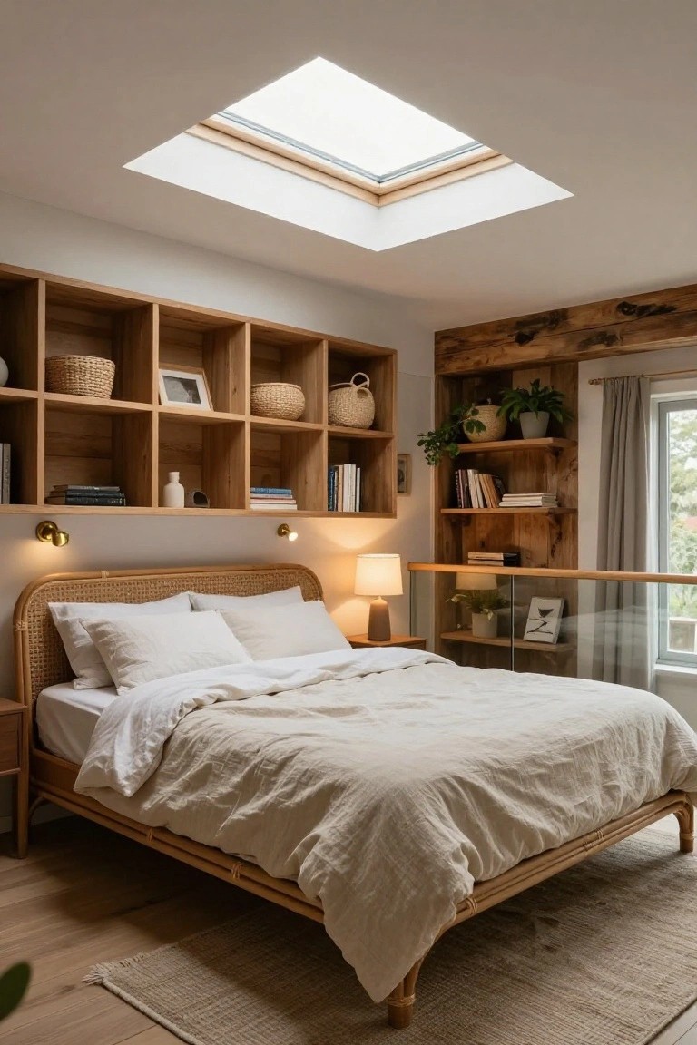 Bedroom interior with rattan bed frame and white linens, flanked by light oak built-in shelving filled with books, woven baskets, ceramics, and potted plants, under a square skylight with brass wall sconces and a wooden railing nearby.