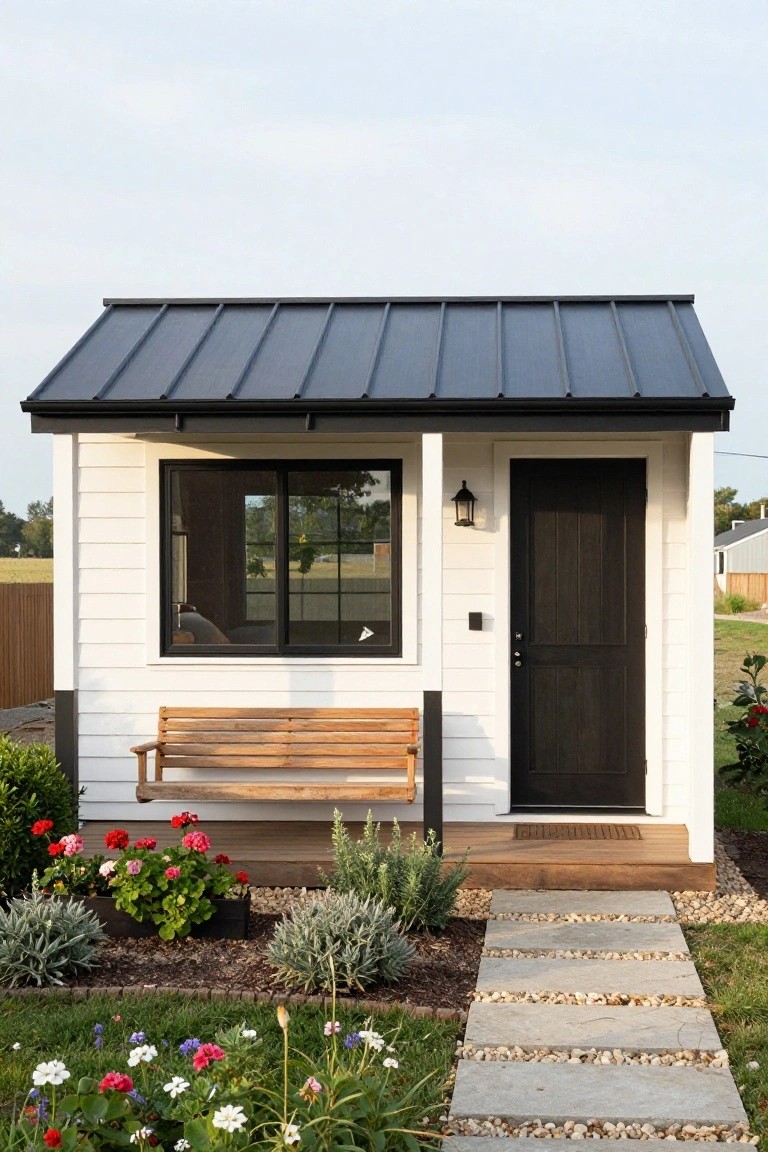 White clapboard tiny house with black standing-seam metal roof, black front door, single large window, wooden porch bench swing, lantern light, stone walkway, and surrounding flower beds and shrubs.