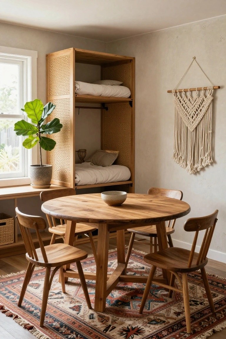 Small interior room with a round wooden dining table and four wooden chairs on a patterned rug, a tall rattan-fronted shelving unit containing an upper bunk bed and lower bedding storage, a potted fiddle leaf fig plant by the window, and a white macrame wall hanging.