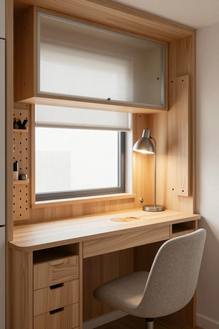 Built-in oak desk with drawers underneath, pegboard side panel holding tools, desk lamp, gray fabric chair, and window with roller blind in wooden cabinetry enclosure.