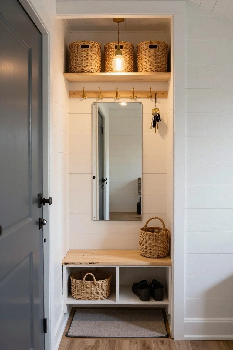 Small entryway with wooden bench, mirror, hooks, and woven baskets.
