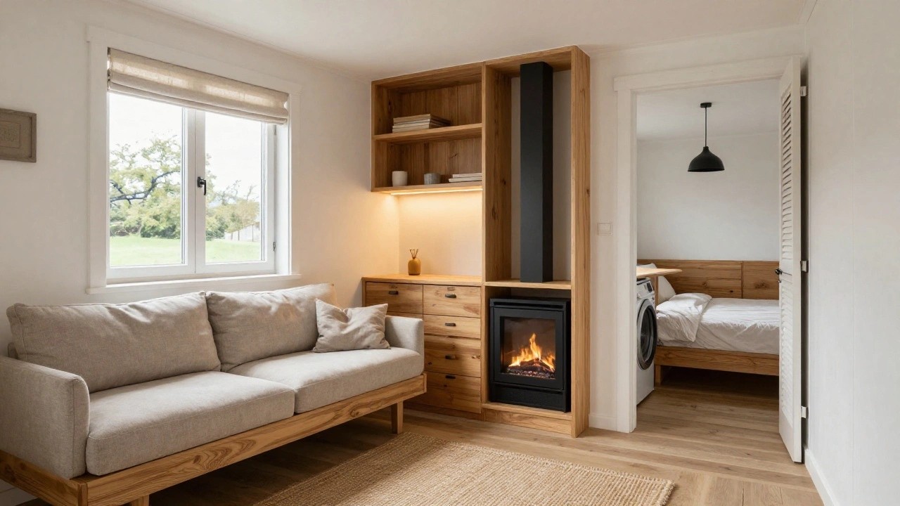 Interior view of a compact prefab tiny house showing a lofted bed with wooden ladder access and integrated bookshelves, beige sofa, wooden dining table, gas fireplace, stacked washer and dryer, and large windows with garden view.