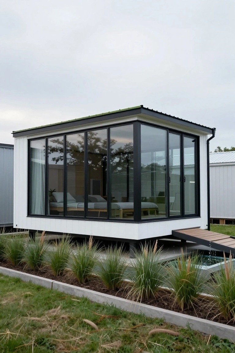 Small elevated white prefab tiny house with black-framed floor-to-ceiling glass walls on one corner revealing a bed inside, wooden walkway access, surrounded by tall ornamental grasses and a shallow water feature.