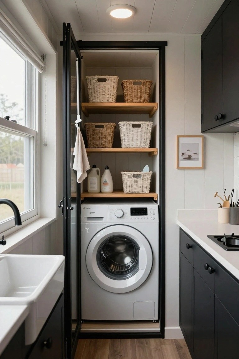 Open tall black-framed cupboard with white front-loading washer inside, wood shelves holding wicker baskets and laundry bottles, next to white farmhouse sink and black cabinets in a narrow indoor laundry-kitchen area.