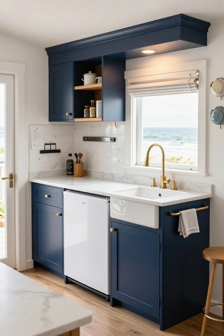 Compact kitchen interior with navy blue cabinets, white marble countertops, white farmhouse sink, gold gooseneck faucet, under-counter refrigerator, wooden stools, and window with ocean view.